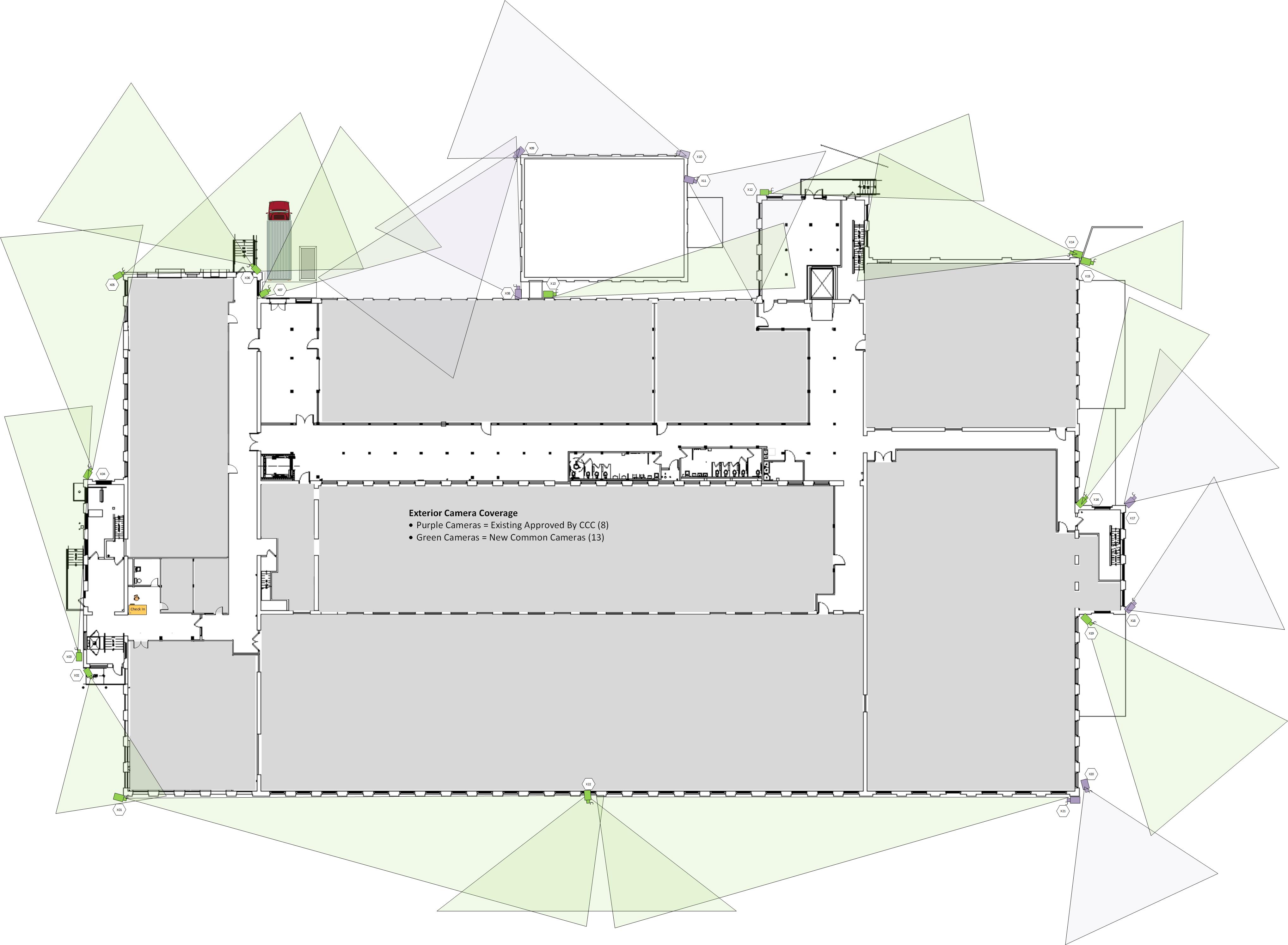 Exterior camera coverage plan showing placement and coverage cones for cameras around the building perimeter