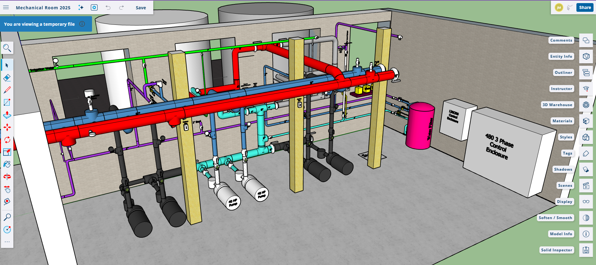 Mechanical room design — 3D model of the HVAC plant showing main distribution headers, 40 HP circulation pumps, and heat pump units