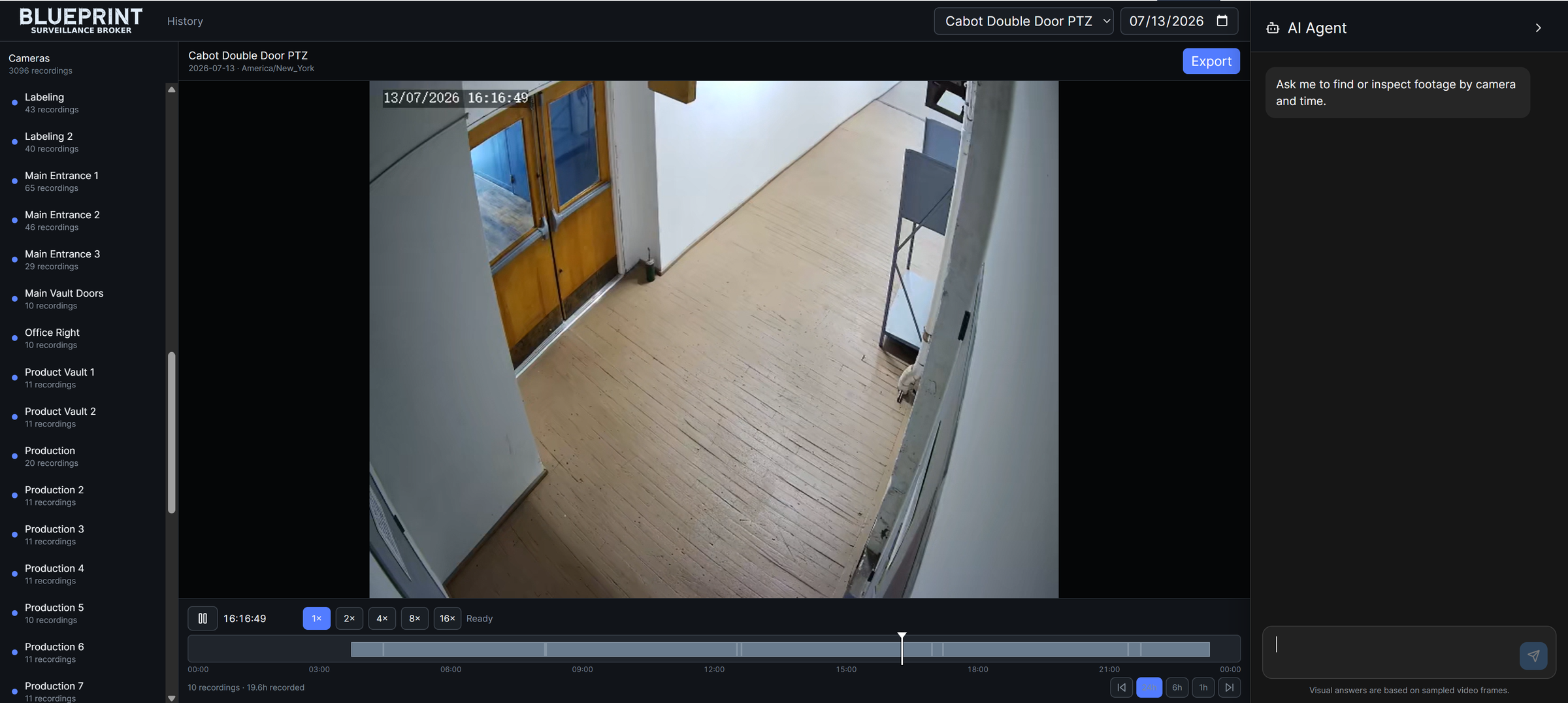 Surveillance Broker web interface — a dark camera archive viewer showing a camera list with recording counts, a hallway recording with a burned-in wall-clock timestamp, a 24-hour timeline with recording segments and 1x to 16x playback speed, an export button, and an AI agent panel for finding footage by camera and time
