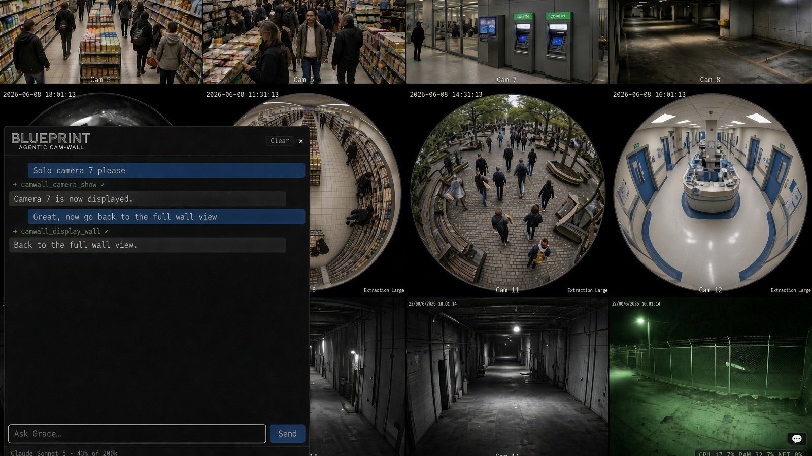 Agentic Cam-Wall — a live camera wall with Grace's chat overlay operating it