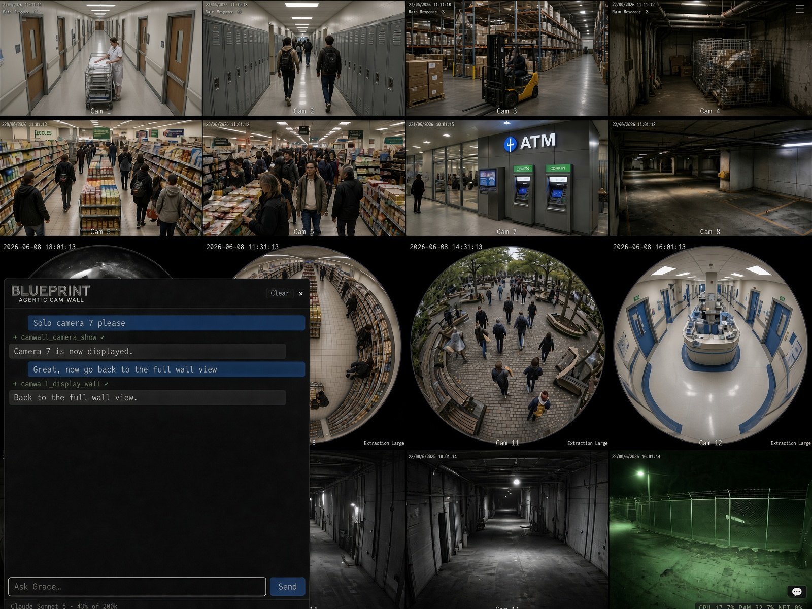 Agentic Cam-Wall — a live camera wall with Grace's chat overlay operating it: 'Solo camera 7 please' resolves to a tool call, then 'go back to the full wall view'