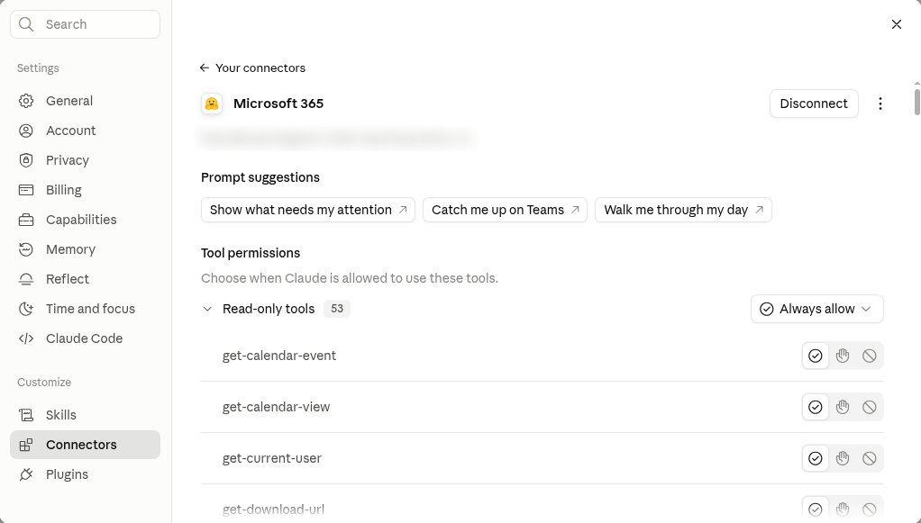 Claude connector settings for the Microsoft 365 relay — tool permissions list with 53 read-only tools set to Always allow