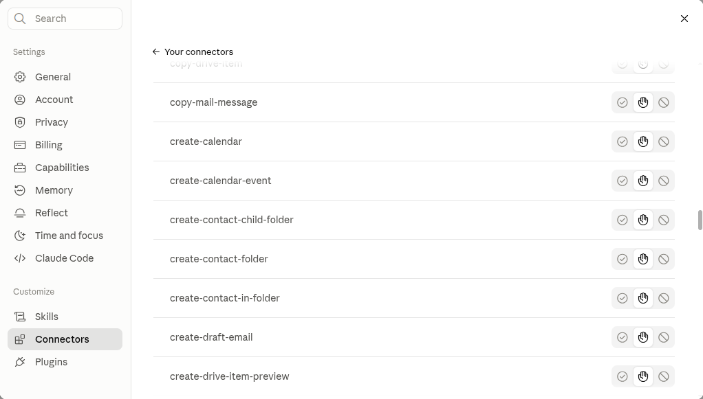 Claude connector tool permissions for write tools such as create-calendar-event and create-draft-email, set to Needs approval