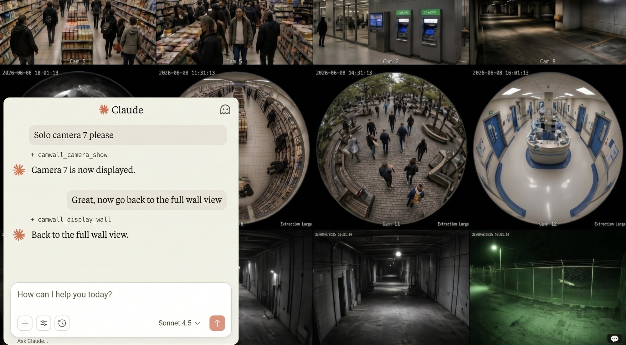 MCP Video Wall — a live camera wall of security feeds, with a Claude chat operating it